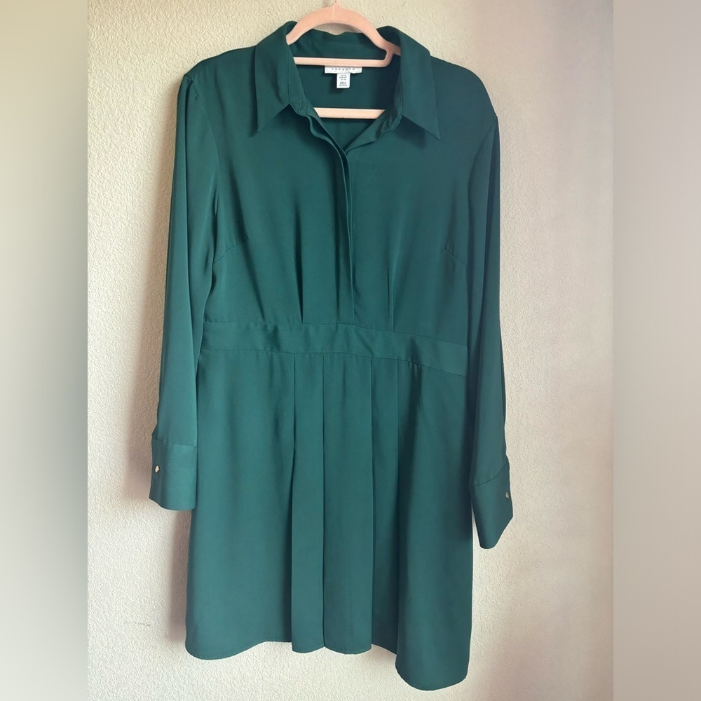 Topshop Dark Green Pleated Long Sleeve Button Up Structured Shirtdress US10 - Picture 3 of 10